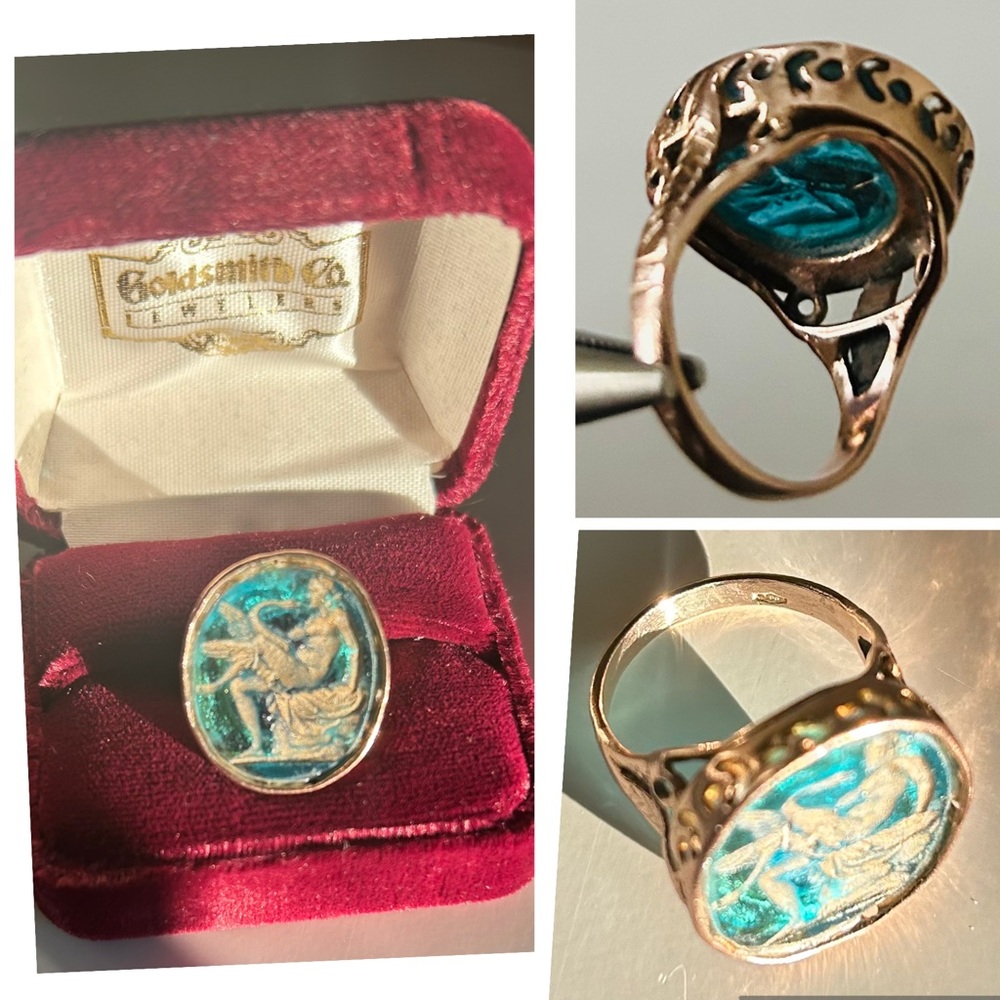 12K Gold Intaglio Ring  Aphrodite Carving on Green/Blue Glass